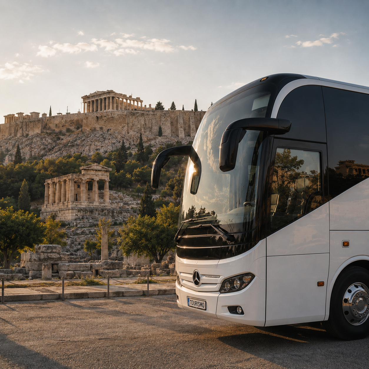 Tour coach parked with the Acropolis in the background