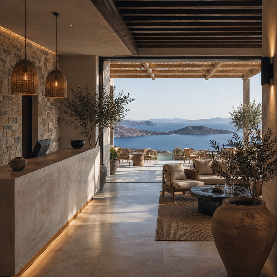 Boutique hotel terrace overlooking the Aegean Sea