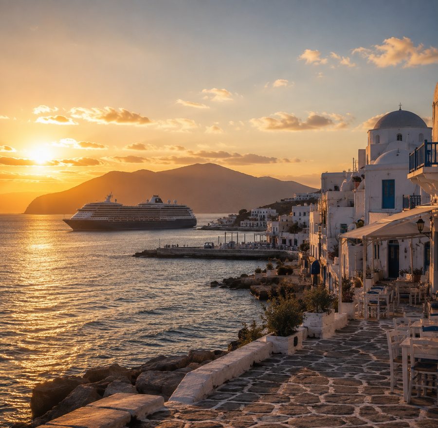 Cruise ship arriving at a Greek island port at sunset