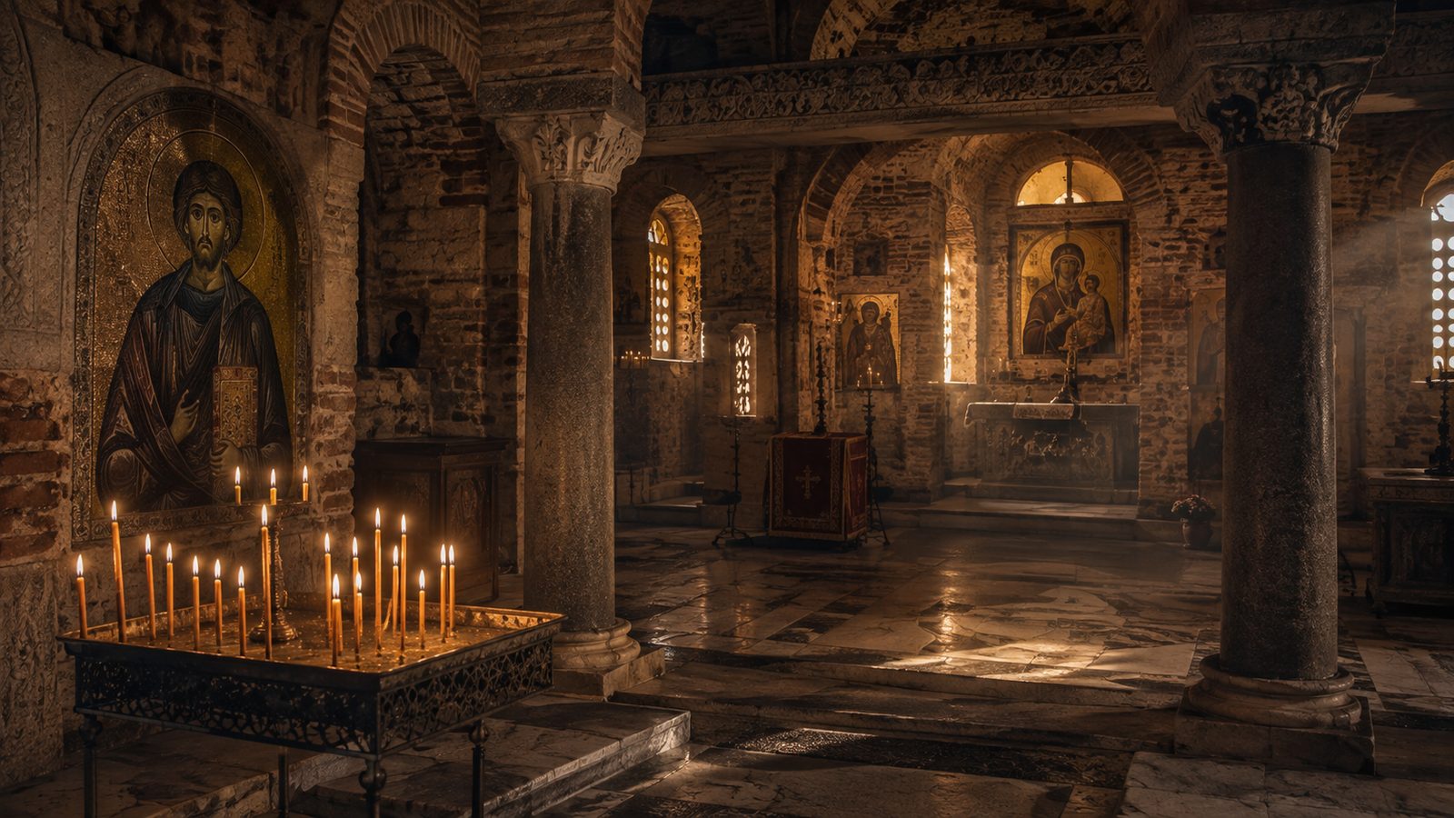Candlelit Byzantine church interior in Greece