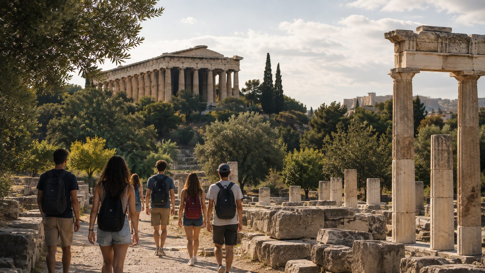 Student group walking through the ancient Agora of Athens